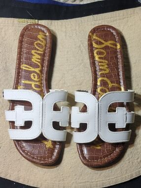 Sam Edelman White Leather Cutout Slide Sandals with Brown Insole